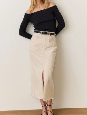 Marine Layer Womens Fawn Fitted High Rise Denim Midi Skirt Natural 0